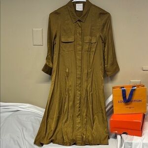 Sense of Place metallic Olive Green Long Sleeve front button down Dress